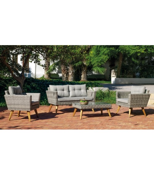 Salon de jardin Méridien Huitex avec coussins Hévéa
